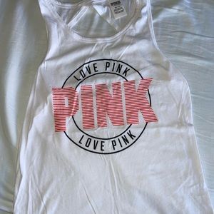 VS PINK White Logo Tank Top Sz XS Open Twist Back